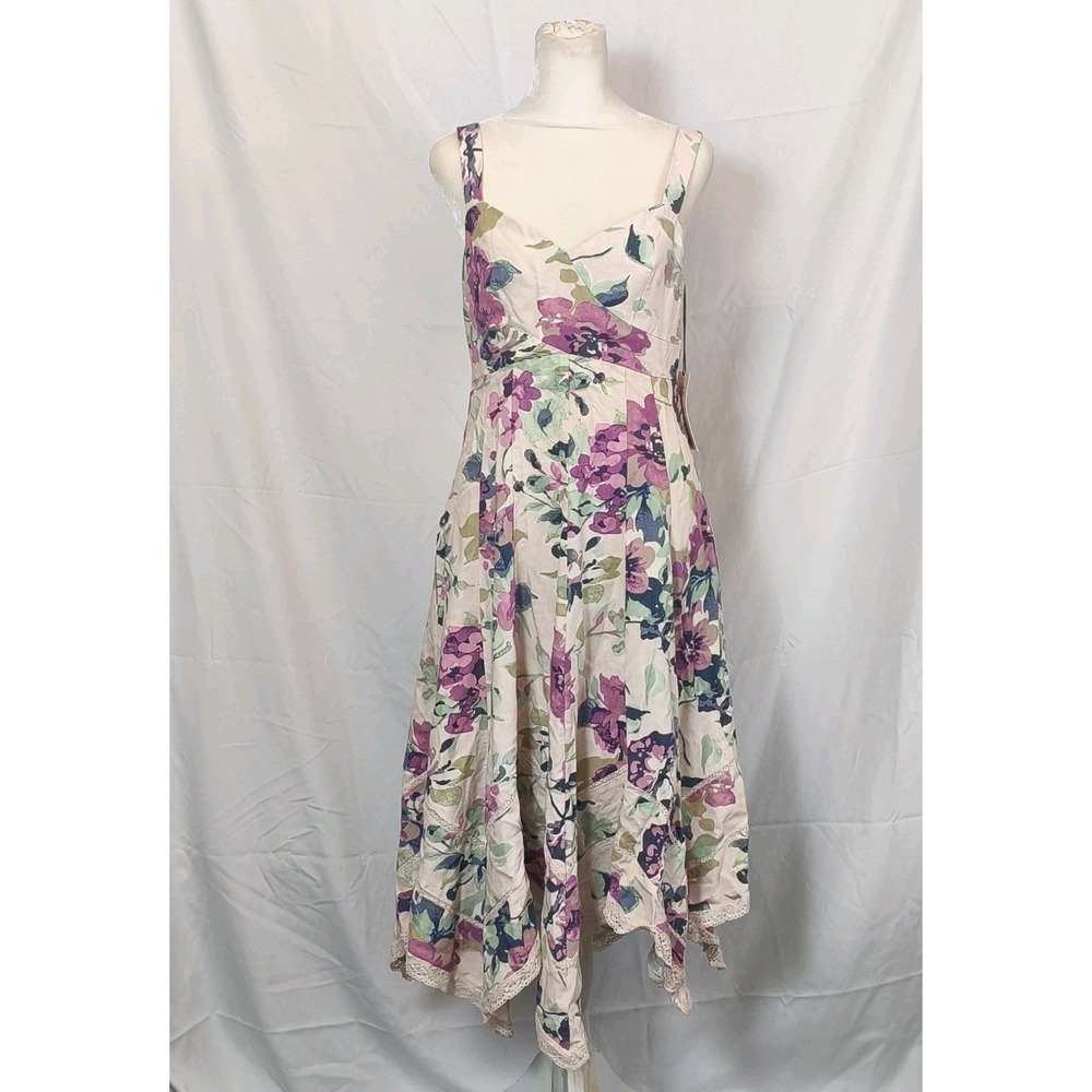 Laura Ashley Linen Blend Floral Tank Dress With Pockets Spring Easter Size Small